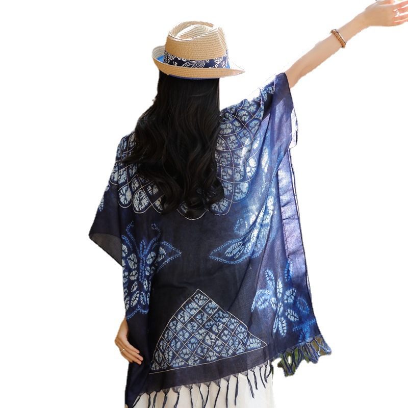 2023 nuevo estilo étnico retro Viaje nuevo chal de protección solar teñido de algodón fino y lino siente borla bufanda para mujeres