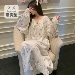 公主风睡裙女带胸垫春秋季甜美宽松云朵棉大码睡衣裙家居服可外穿