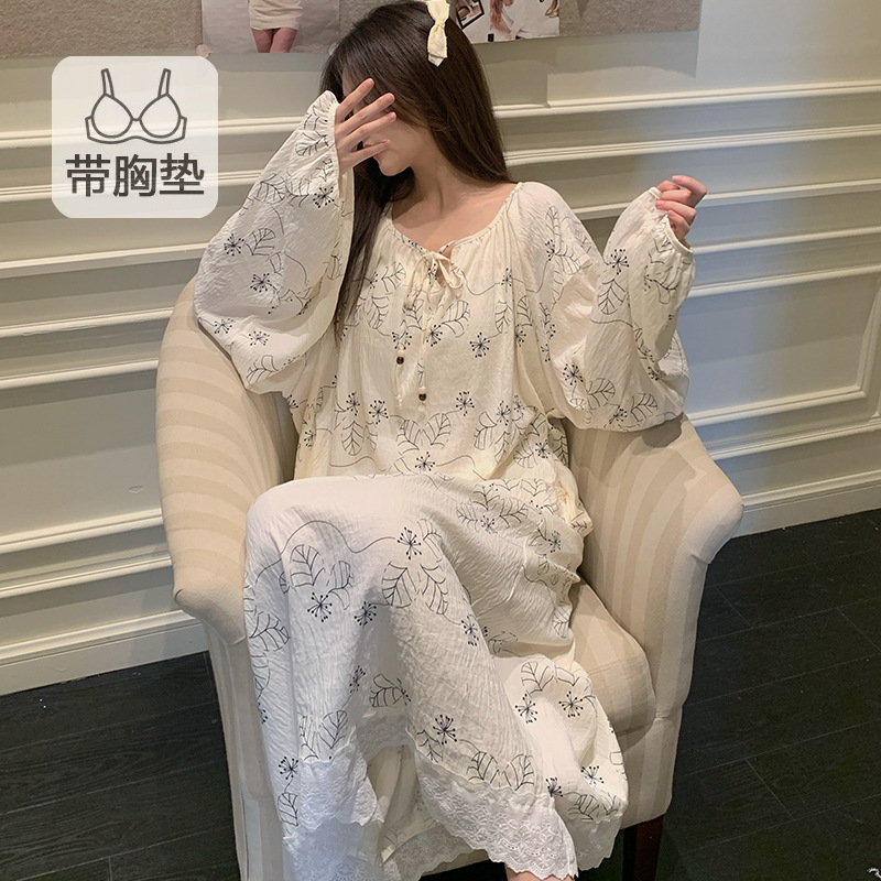 公主风睡裙女带胸垫春秋季甜美宽松云朵棉大码睡衣裙家居服可外穿|undefined
