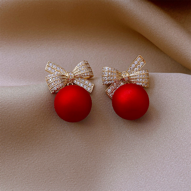 Elegant Red Bow Bead Drop Earrings With Diamond Studs For Women_voghion.com