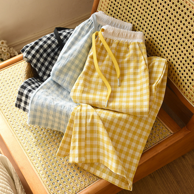Cotton Simple Washed Cotton Plaid Color-block Straight Pants Women's Spring and Summer Thin Lazy Pants for Outer Wear Casual Home Pants