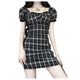 Black Plaid dress 2025 Summer Tight Waist Slimming Square Neck Elegant Slim-fit Hip Skirt Small Skirt