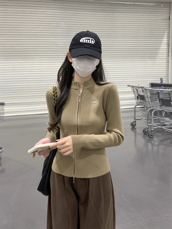 春装2025新款双拉链毛衣外套女开衫立领长袖修身针织上衣内搭打底|undefined