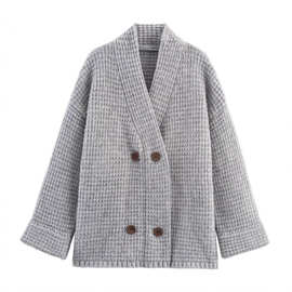 2025春秋季新款女装气质时尚百搭简约双排扣针织毛呢外套大衣