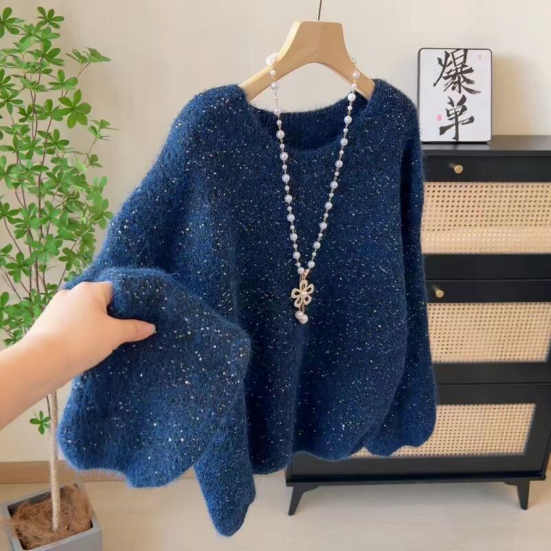 Korean-style gentle and casual round-neck sequin base shirt for women, new autumn and winter loose slimming long-sleeve knit sweater Korean-style gentle and casual round-neck sequin base shirt for women, new autumn and winter loose slimming long-sleeve knit sweater