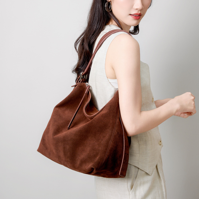 Suede Large Capacity Crossbody Bag For Women, Luxury Commuter Shoulder Bag, Casual Underarm Top Grain Cowhide Tote Bag - Thumbnail 2
