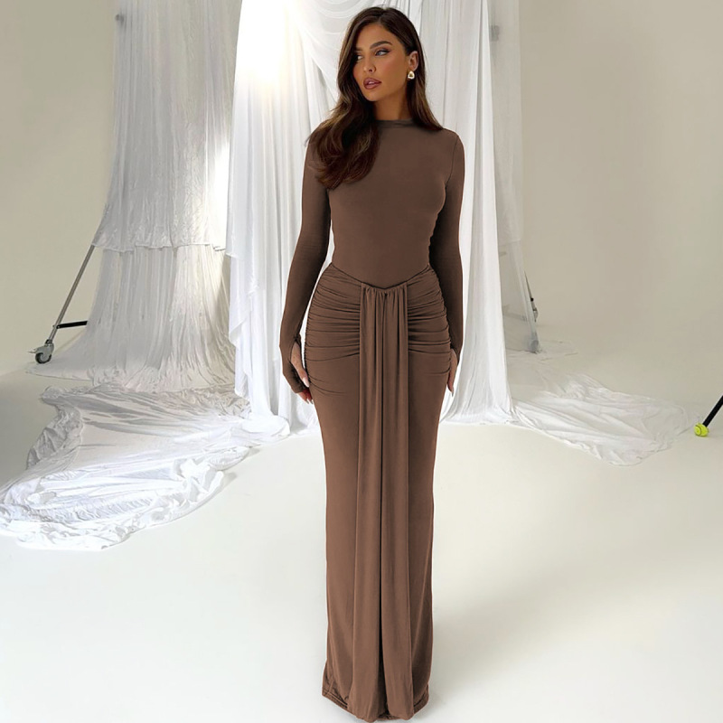 欧米風の婦人服の2024秋冬の新商品のファッションの個性の中で腰のひもは身を修めてやせている長袖のワンピースの卸売りを現します。|undefined
