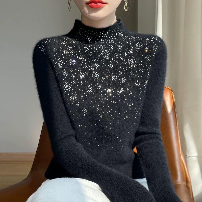 Shiny Hot Diamond Half Turtleneck Bottoming Shirt for Women with 2025 New Autumn and Winter Sweater Slim Fit Knitted Top