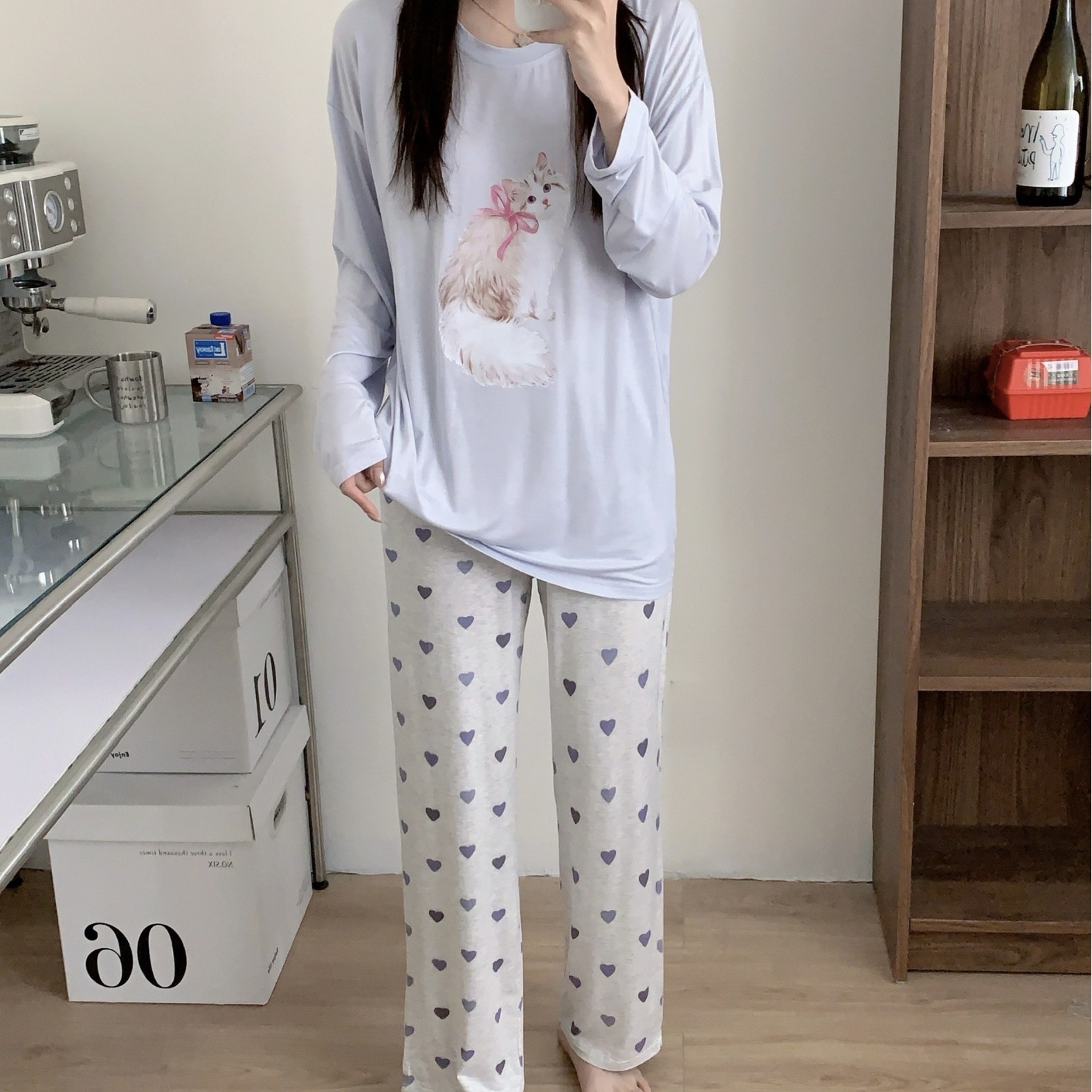 여름 새로운 모달 시원한 만화 오렌지 고양이 패션 연령 감소 라운드 넥 긴팔 바지 홈웨어 잠옷 세트