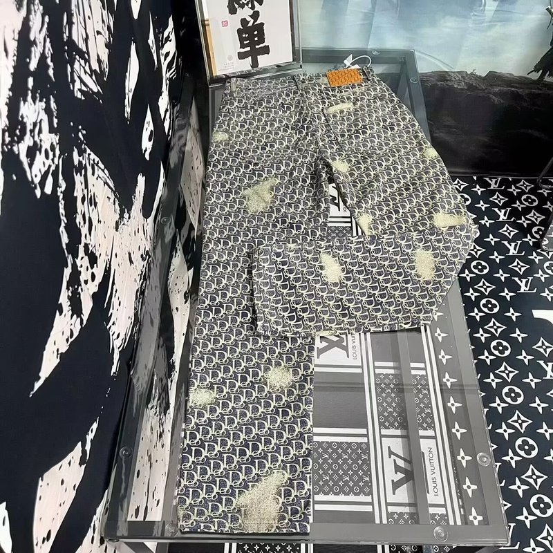 跨境新款潮牌网红提花休闲满印牛仔裤修身同款直筒男士休闲长裤子|undefined