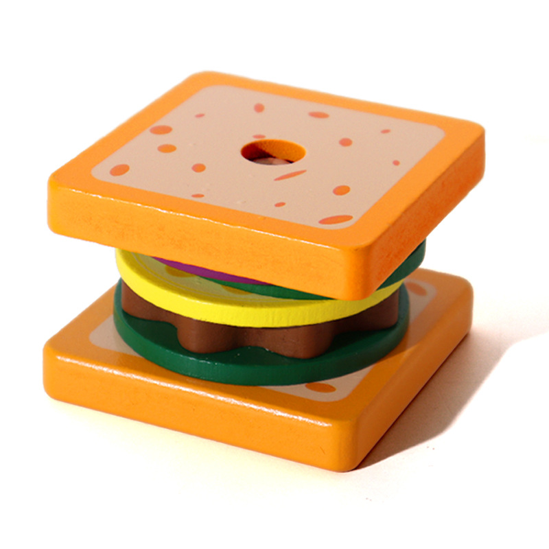 Simulación transfronteriza para niños, casa de juegos de madera, hamburguesa, patatas fritas, sándwich, columna a juego, juguete educativo de ensamblaje de corte
