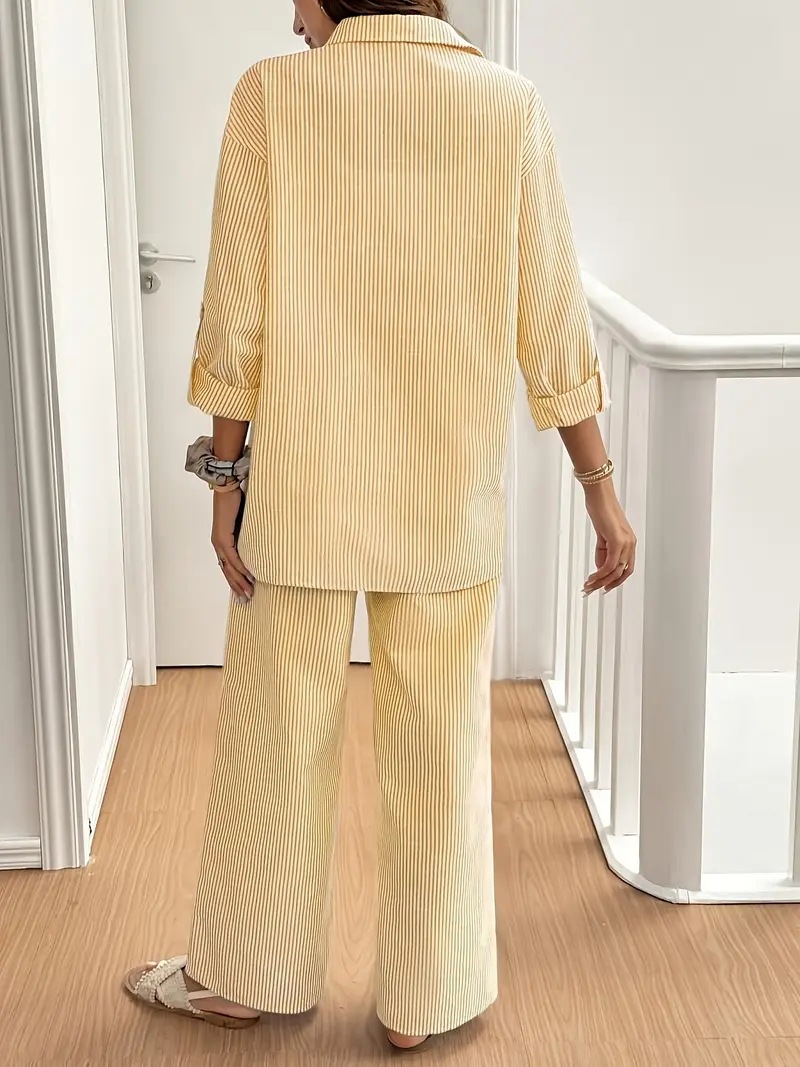 Women's Clothing Elegant Casual Striped Shirt And Straight Leg Trousers Two Piece Set_ecoleips.com