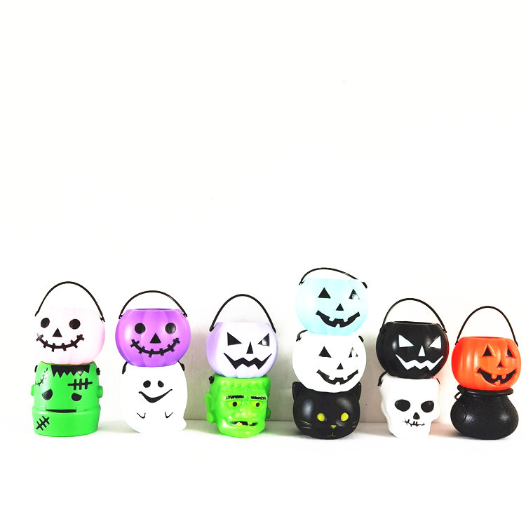 供应亚马逊万圣节塑料迷你小南瓜罐 儿童讨糖果小提桶南瓜笑脸