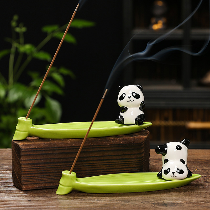 Cute Little Panda Incense Holder for Home Indoor Office Desk Incense Stick Holder Handmade White Porcelain Incense Burner