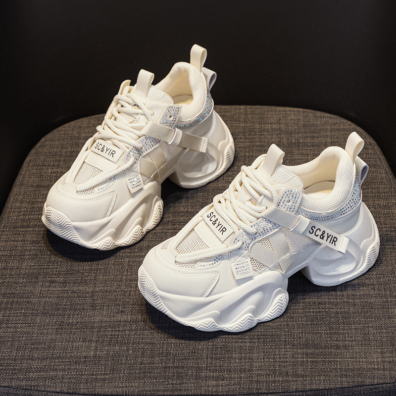 Giày sneaker nữ chunky đế dày tăng chiều cao 8cm buộc dây thời trang — M2566 màu be, M2566 màu hồng