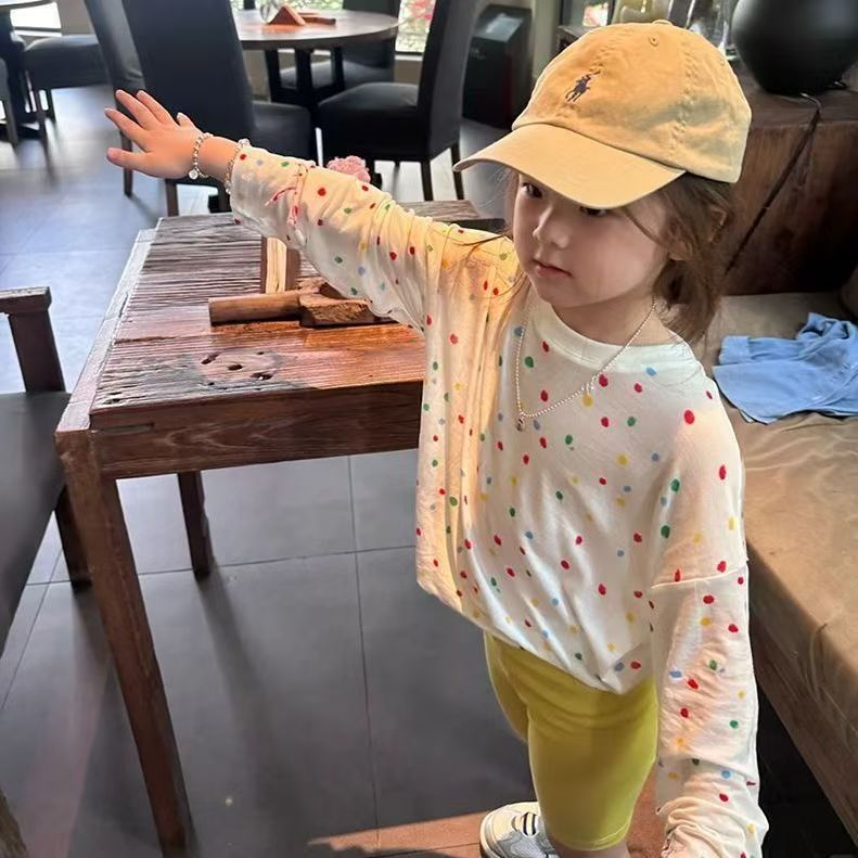 Thin and Cool Dopamine-Colored Polka Dot Round Neck Long-Sleeved T-Shirt for Girls 2025 Summer New Style Sun Protection Blouse Top