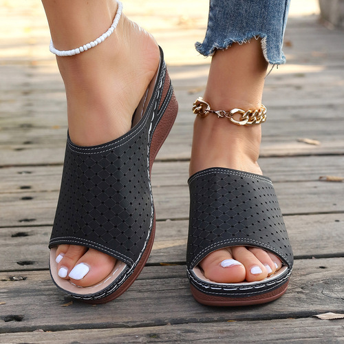 European and American sandals for women, large size wedges for summer new style fish mouth laser hollow women's shoes, cross-border slippers for women's foreign trade