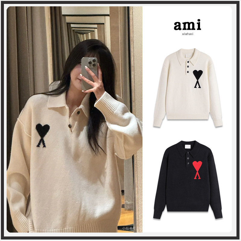 Ami Knitwear Polo Collar Male and Female Couple 25 Years Autumn and Winter New Lapel Big Heart Embroidered Long-Sleeved Woolen Knitwear Ami Knitwear Polo Collar Male and Female Couple 25 Years Autumn and Winter New Lapel Big Heart Embroidered Long-Sleeved Woolen Knitwear