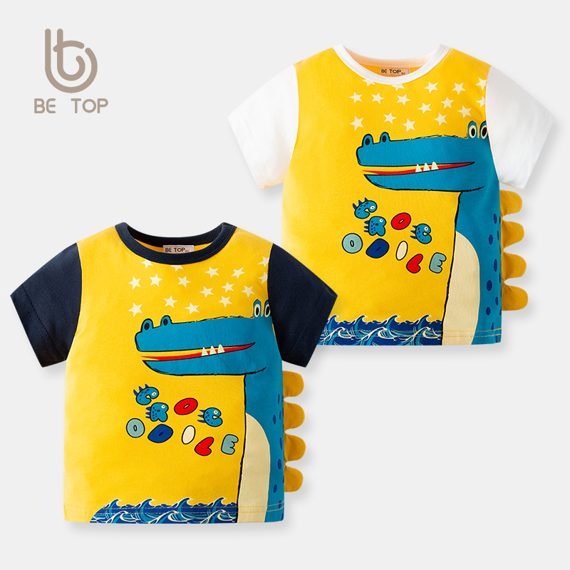Nuevo verano dibujos animados dinosaurio de manga corta Camiseta niños ropa de verano patchwork manga corta estilo coreano entrega de una sola pieza ropa para niños al por mayor