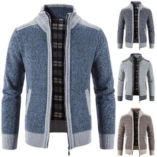 Cross-border foreign trade men's cardigan sweater autumn and winter color contrast fleece-lined warm stand collar sweater cardigan coat wholesale
