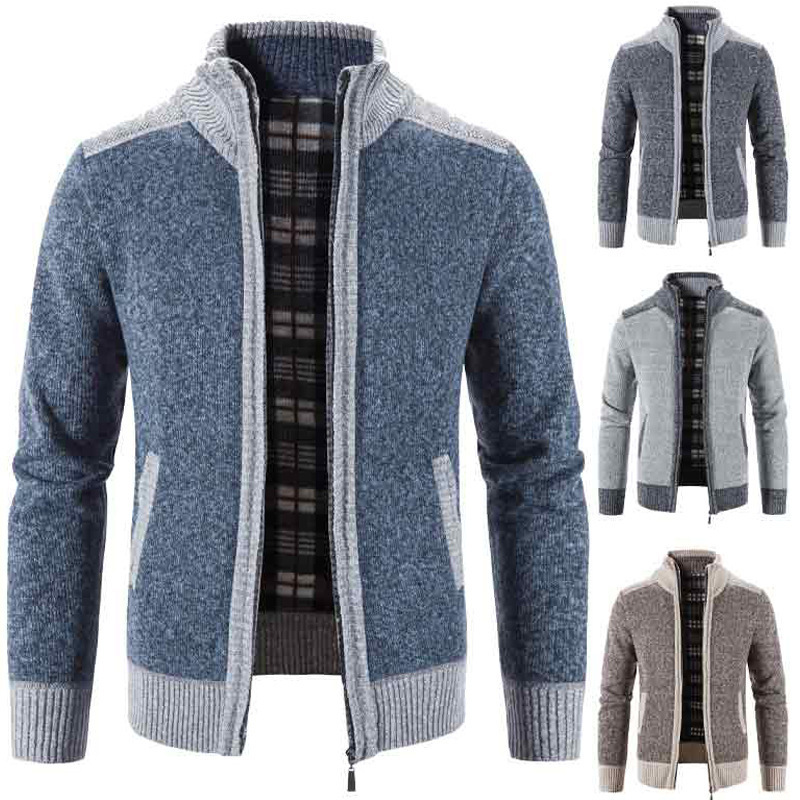 Cross-border foreign trade men's cardigan sweater autumn and winter color contrast fleece-lined warm stand collar sweater cardigan coat wholesale