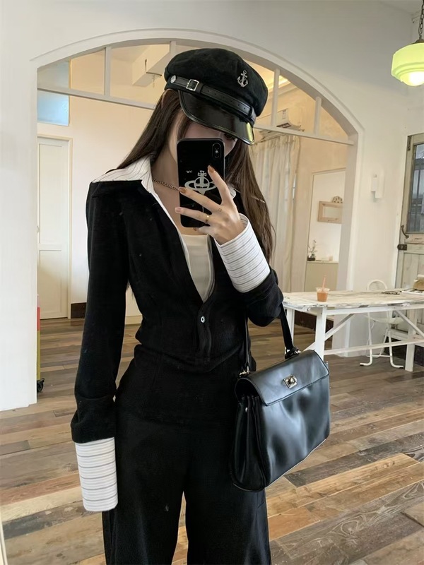 【Office Siren智性通勤】假两件v领T恤冬辣妹设计感拼接长袖衬衫|undefined