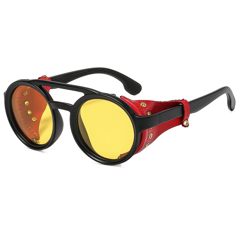 2026 European and American Fashion Unisex Simple Versatile Sunglasses Punk Temu Hot-Selling Retro Genuine Leather Round Sunglasses