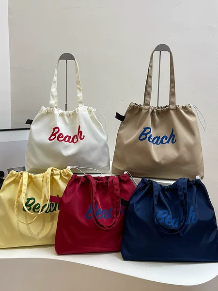 Korean Style New Letter Printed Bag Women's Large Capacity Nylon Shoulder Bag Casual Simple Portable Drawstring Tote Bag