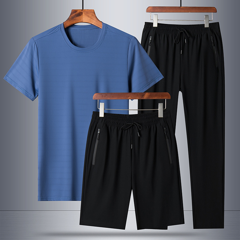 Trajes deportivos transfronterizos de color sólido para hombres verano nuevo gran tamaño de hielo pantalones cortos de secado rápido de tres piezas de comercio exterior pantalones rectos