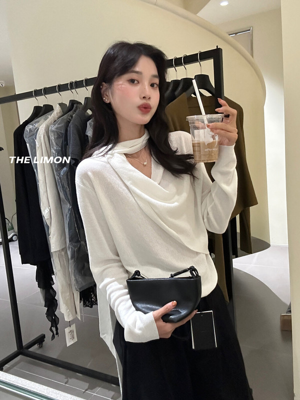 the limon柠檬绿茶设计感绑带V领针织衫女2025秋季温柔气质上衣|undefined