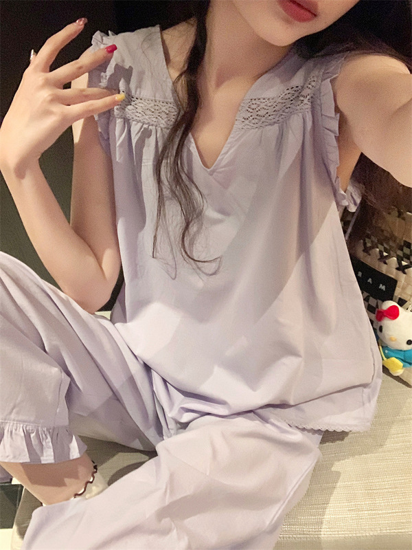 Real Shot of French Details Full of Romantic V-Neck Lace Sleeveless Vest/Pants Pajamas Home Wear Set