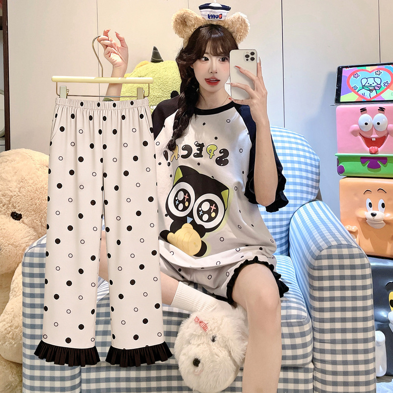 Pure Cotton Pajamas for Women, Summer Three-Piece Set, Cartoon Cute Outerwear Homewear Set, Available from Children's Clothing Stores, Physical Store Purchase