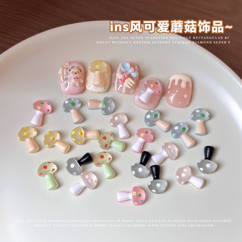 Cartoon Little Mushroom Nail Art Decorations, Trendy Dopamine Cute 3D Little Mushroom Resin Nail Decorations
