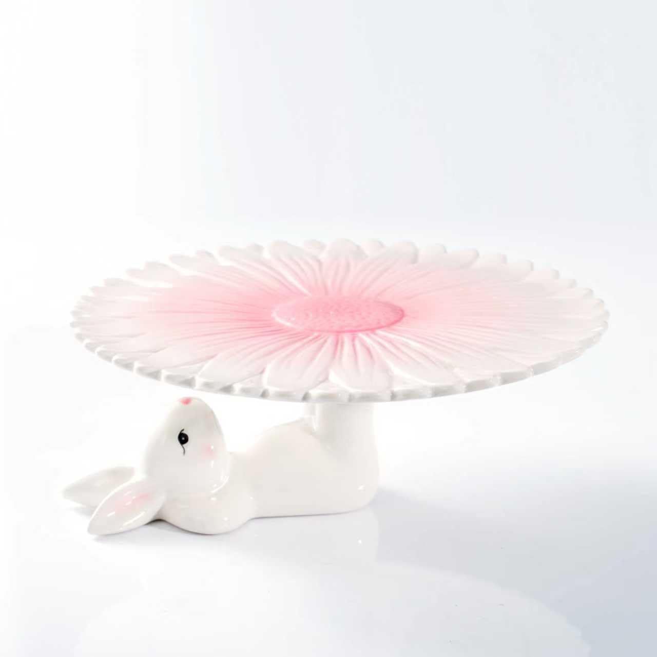 Easter Bunny Ceramic Cake Stand – Hand-Painted Pink Floral Dessert Plate, Holiday Ceramic Cake Stand