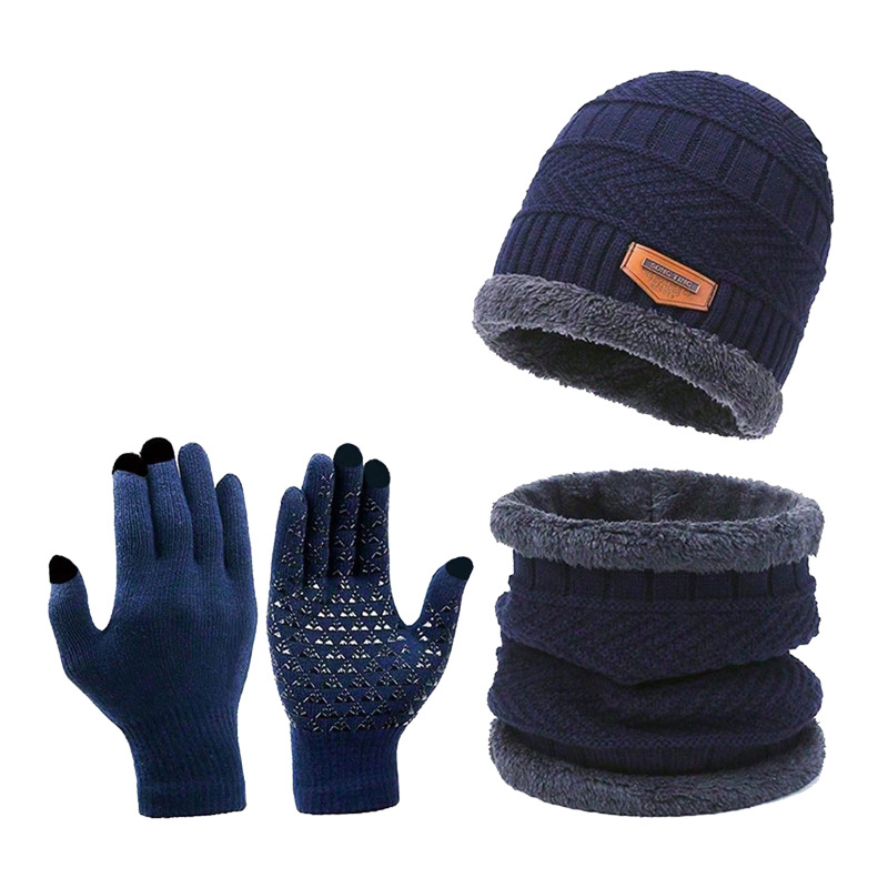 Thickened Cross-Border Knitted Touchscreen Woolen Gloves Non-Slip Winter Scarf Hat Fleece-Lined Three-Piece Set Warm_voghion.com