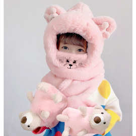 儿童帽子冬季女童围巾一体帽男童宝宝围脖手套三件套口罩防风护耳