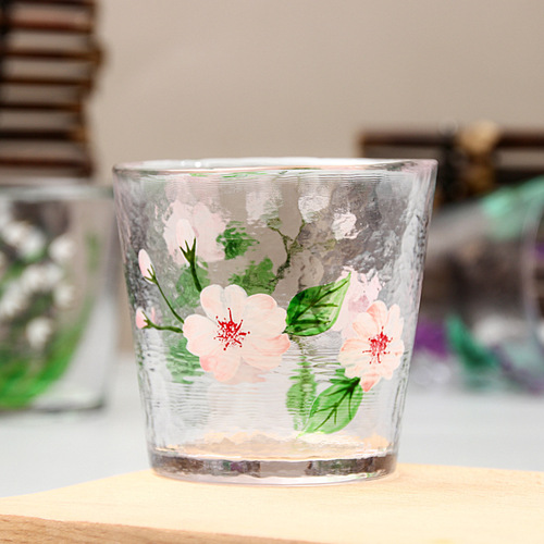 日式创意手绘水杯耐热玻璃杯铃兰杯冷纹果汁杯时尚加厚多彩葡萄杯