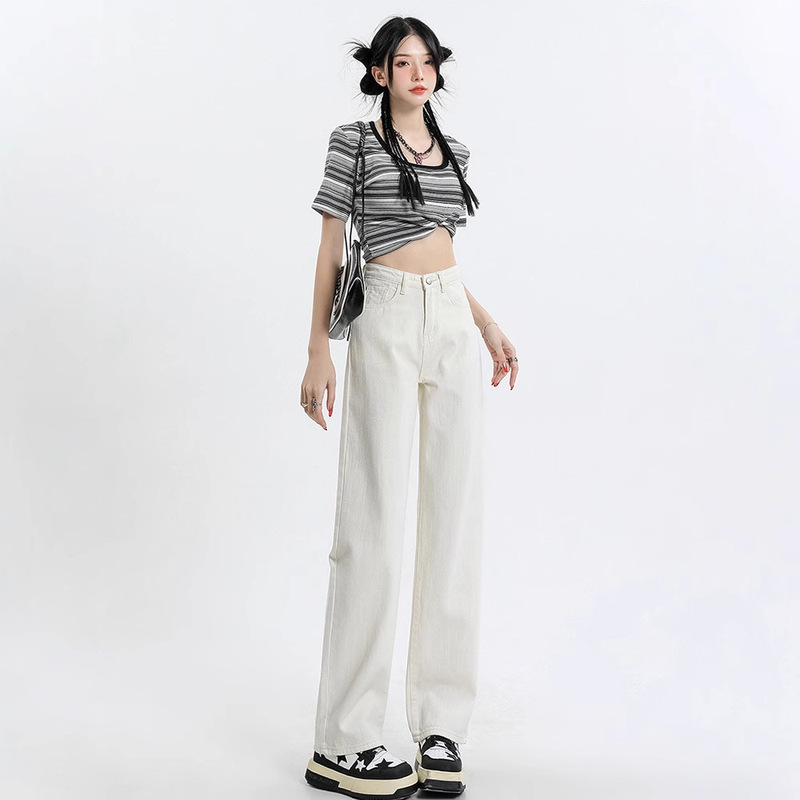 creamy-white High Waist Wide Leg Lightened Jeans Women's 2025 Spring Loose Slimming Straight Dummy Pants creamy-white High Waist Wide Leg Lightened Jeans Women's 2025 Spring Loose Slimming Straight Dummy Pants