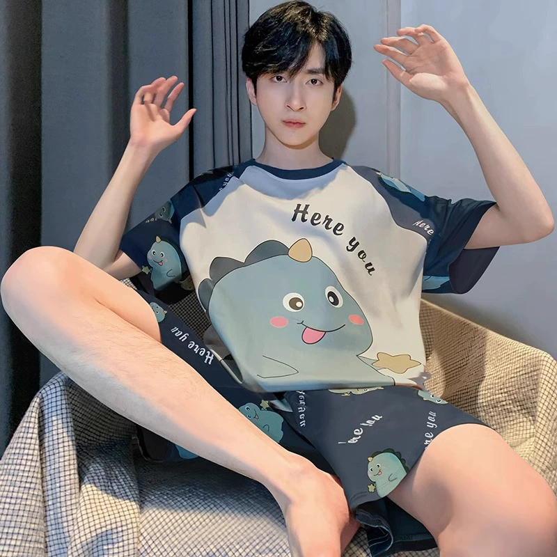 Мужские пижамы, летние тонкие шорты с короткими рукавами, повседневный комплект домашней одежды для подростков и студентов с героями мультфильмов больших размеров