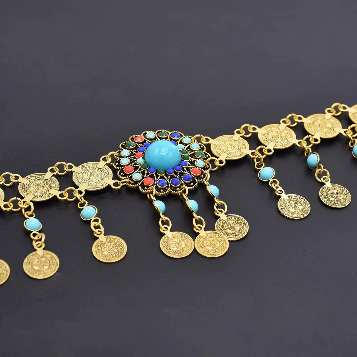 Ethnic fashionable coins with tassels, turquoise retro stone inlay, boho style, ethnic style