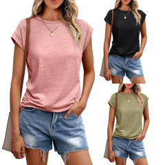 アマゾン 2025 欧米女性用ベスト 夏 クロスボーダー ラウンドネック 半袖Tシャツ 無地 ラウンドネック カバーアップ袖 貿易向け女性用
