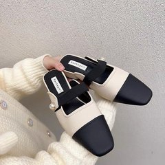 法式小香風拼色包頭半拖鞋女外穿懶人一腳蹬粗跟穆勒鞋無後跟單鞋