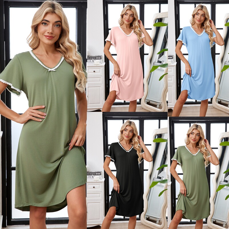 Real Shot of New European and American Cross-Border Loose Modal Dress, Fresh Short-Sleeve Dress with Large Size Bow, Women's Nightgown Real Shot of New European and American Cross-Border Loose Modal Dress, Fresh Short-Sleeve Dress with Large Size Bow, Women's Nightgown