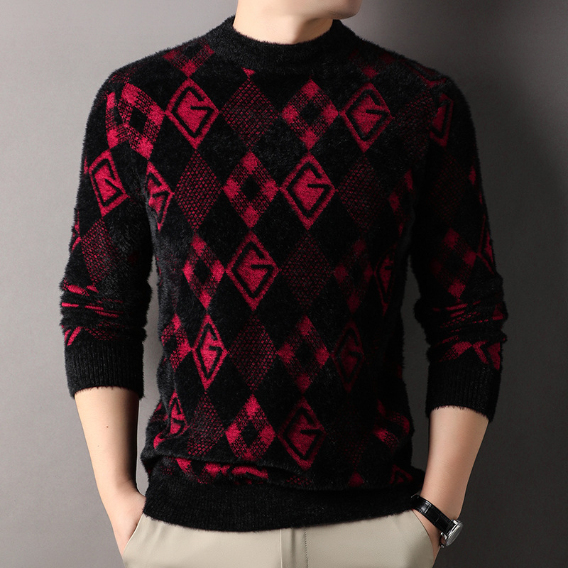 New Diamond Jacquard Imitation Mink Sweater for Men, Middle-Aged Autumn and Winter Thickened Fleece-Lined Stand-Up Collar Pullover Knitwear for Men
