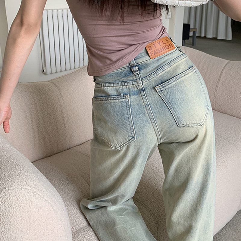Vintage High Street Yellow Mud Narrow Wide Leg Jeans Women's Autumn New Light Color Loose Straight High Waist Pants