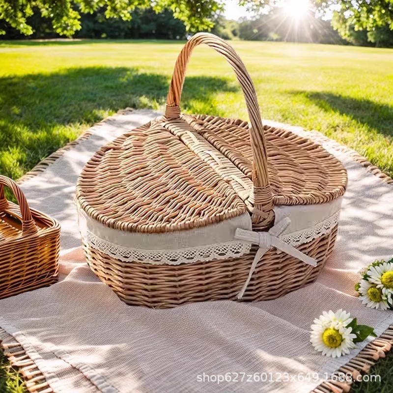Excursión de primavera personalizada, cesta de picnic portátil de sauce pastoral, cesta de comedor plegable con tapa, accesorios para fotos, picnic al aire libre