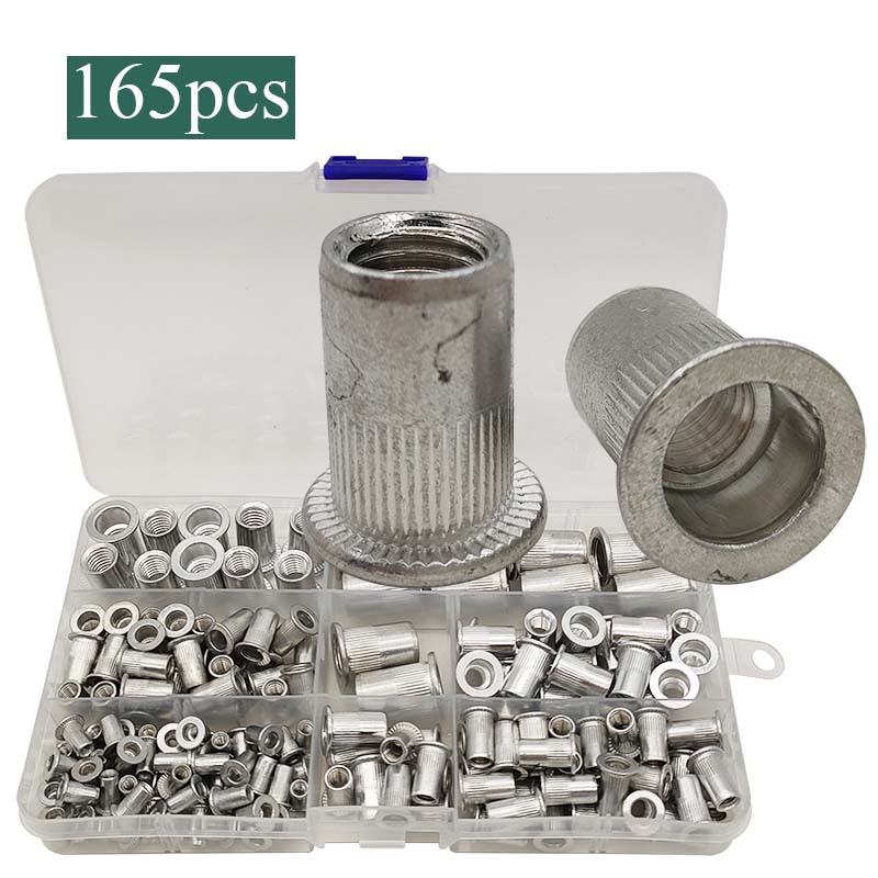 165pcs盒装 M3-M10平头铝制拉铆条纹螺帽滚花拉母铆钉组合套装
