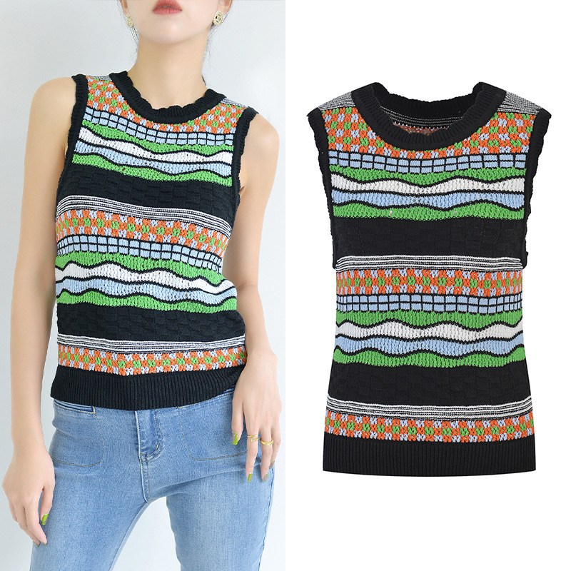 2022 Summer New Fancy Striped Jacquard Sweater Fashionable Round Neck Sleeveless Crochet Hollow Vest Vest