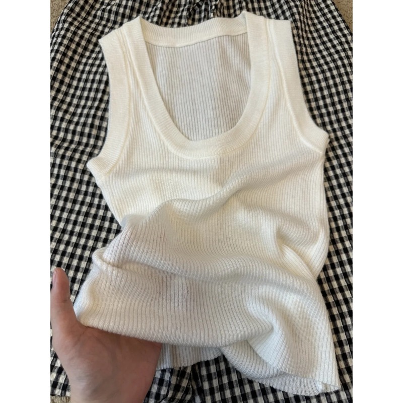 Ice Silk U-Neck Knitted Vest for Women, Breast-Covering Bottoming Top, Summer Textured Inner Sexy Style Sleeveless Suspbottomer Top