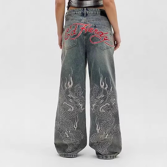 Cross-Border Foreign Trade Trendy Brand Ed Hardy American Retro Pattern Printed Washed Vintage Straight-Leg Jeans for Women Y2K Cross-Border Foreign Trade Trendy Brand Ed Hardy American Retro Pattern Printed Washed Vintage Straight-Leg Jeans for Women Y2K